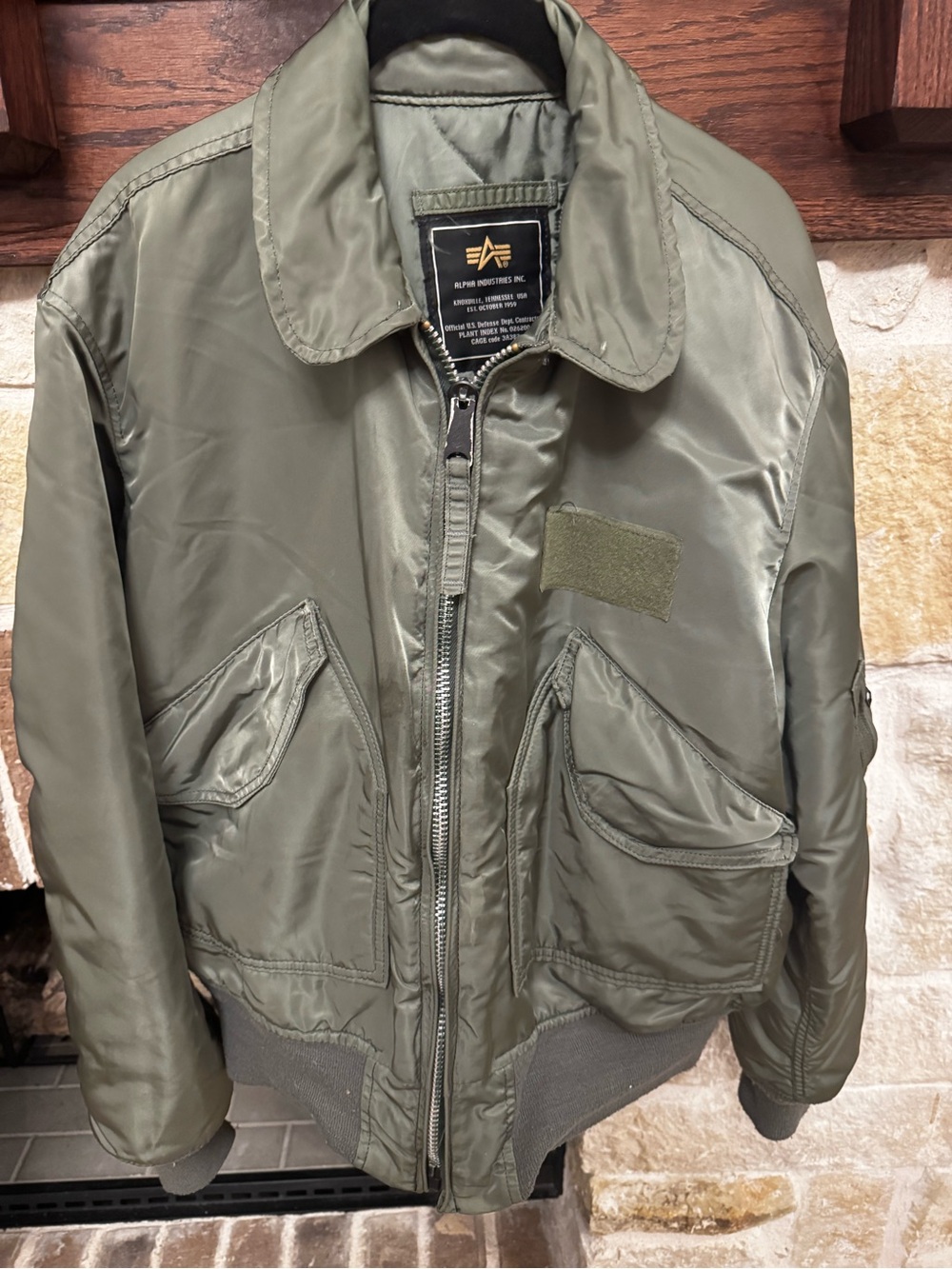Alpha Industries Military-Style Olive Green Bomber Jacket. Made in USA